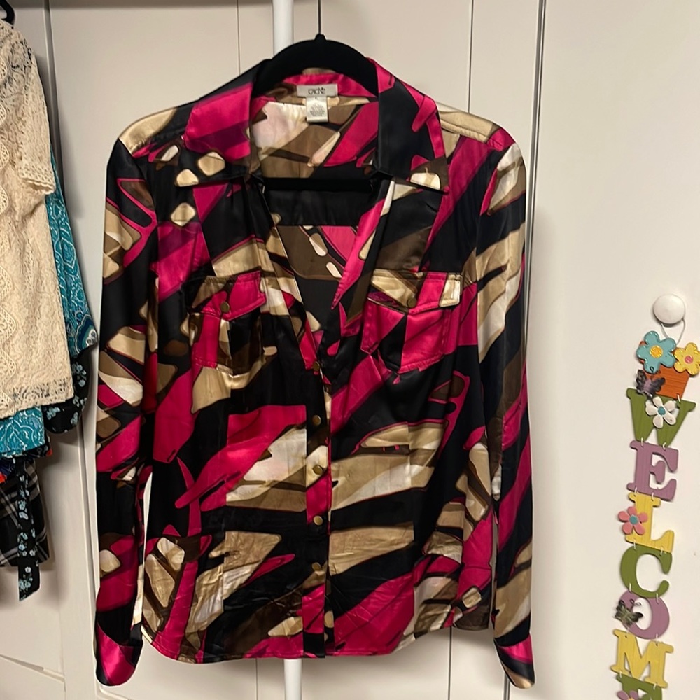 Cache Fuchsia Black and Gold Abstract Satin Blouse